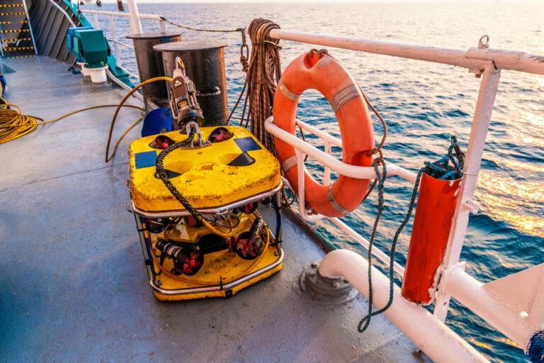 Remote operated vehicle mini ROV on deck of offshore vessel